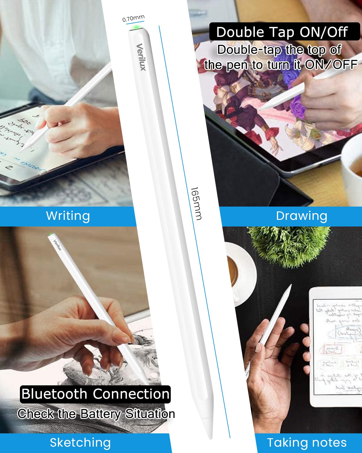 Verilux Stylus Pen for iPad 2018 and Later High Precision & Sensitivity for Apple Pencil Alternatives, Palm Rejection Bluetooth Smart Pen for Tablet with Tilt Sensitivity, Double Tap ON/Off Verilux Stylus Pen for iPad 2018 and Later High Precision & Sensitivity for Apple Pencil Alternatives, Palm Rejection Bluetooth Smart Pen for Tablet with Tilt Sensitivity, Double Tap ON/Off